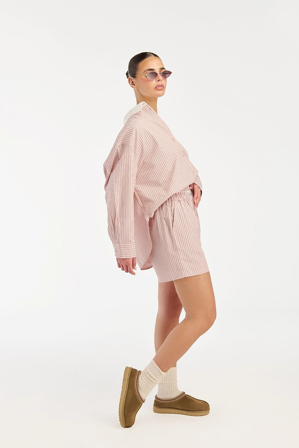 Women striped lounge shorts back view with oversized shirt casual fit - UNIX | شورت نسائي مخطط من الخلف مع قميص واسع ستايل مريح وعصري