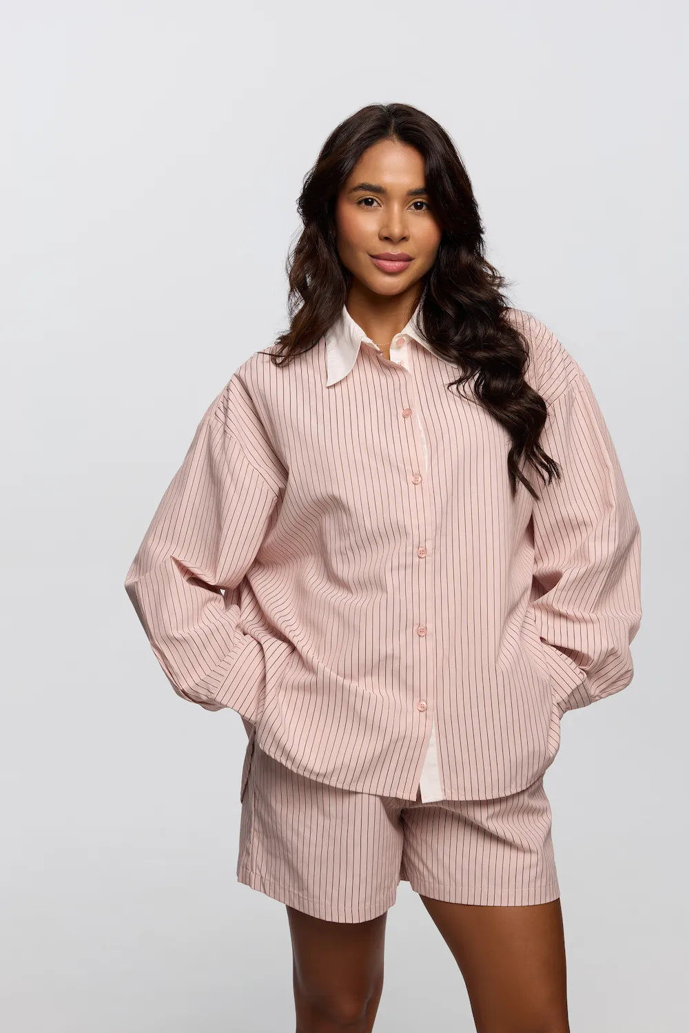 Women striped lounge shirt oversized casual look soft fabric - UNIX | قميص نسائي مخطط واسع بتصميم مريح وخامة ناعمة لإطلالة كاجوال أنيقة